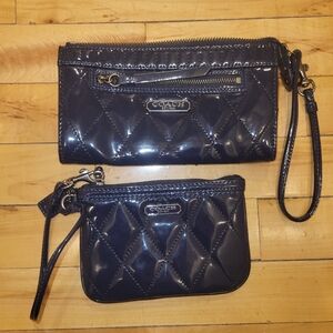 Coach Navy Blue Quilted Leather Wallet Wristlet and Wristlet Purse Set